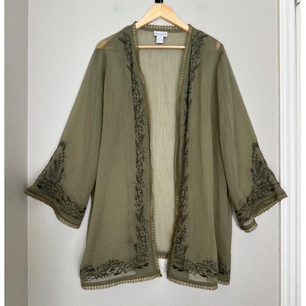 Soft Surroundings Kimono Cardigan 2X Green Embroidered Lace Trim Sheer Boho
